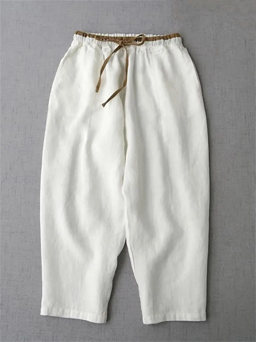 Women's Solid Color Nine-Point Harem Pants Casual Drawstring Cotton and Linen Harem Pants