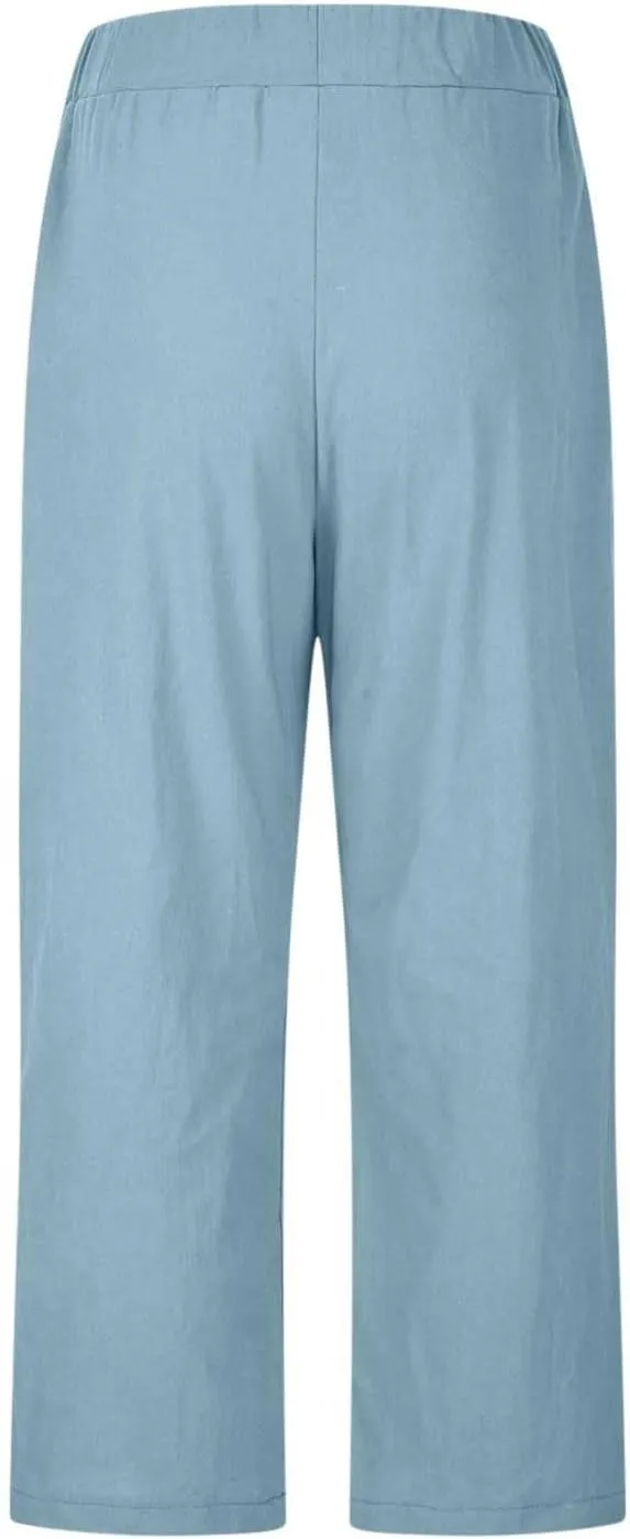 Women's Solid Cotton Linen Straight Pants Casual Loose Elastic Waist Wide Leg Trousers Summer Lounge Palazzo Beach Pants