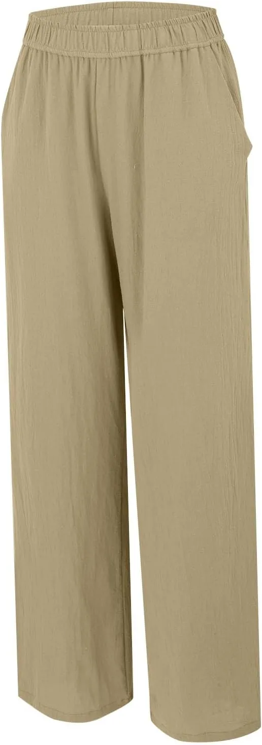 Womens Straight Leg Linen Pants Wide Leg Casual Elastic Waist Palazzo Pant Lounge Beach Summer Trousers with Pockets