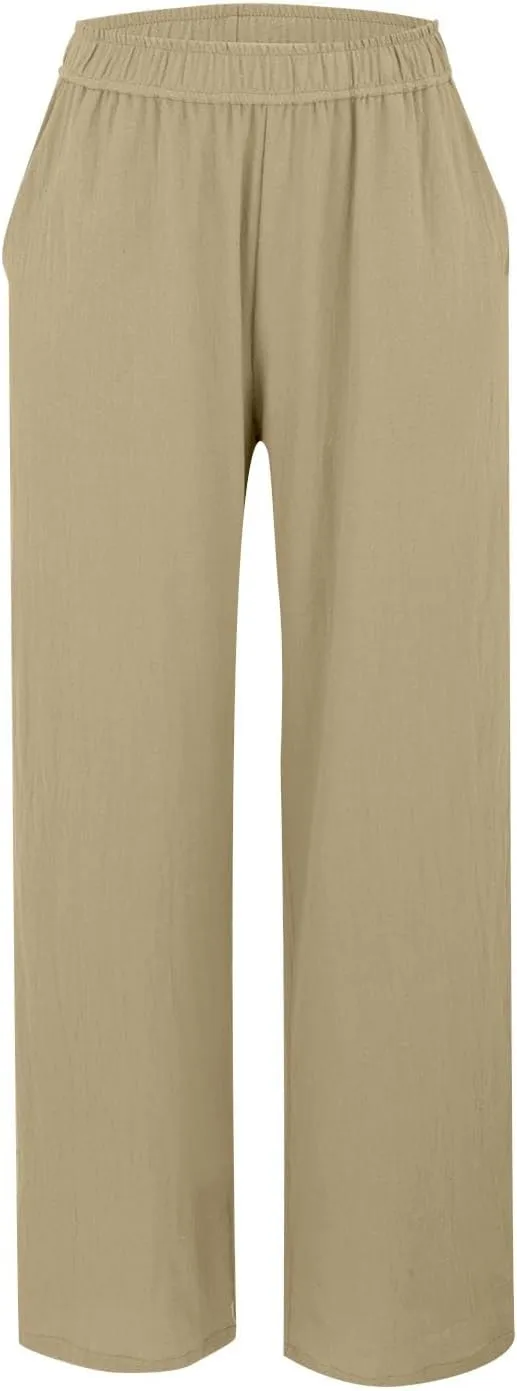 Womens Straight Leg Linen Pants Wide Leg Casual Elastic Waist Palazzo Pant Lounge Beach Summer Trousers with Pockets