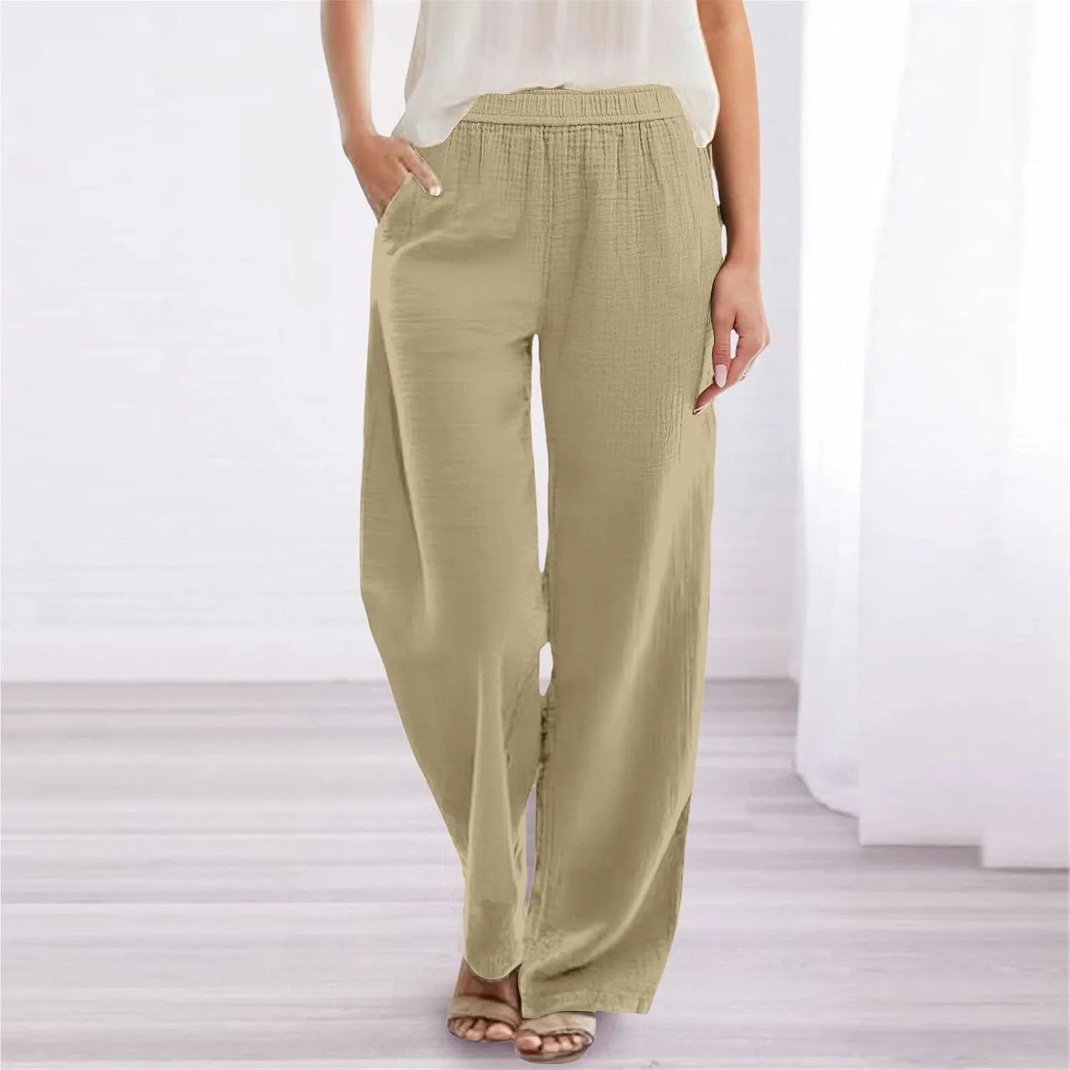 Womens Straight Leg Linen Pants Wide Leg Casual Elastic Waist Palazzo Pant Lounge Beach Summer Trousers with Pockets