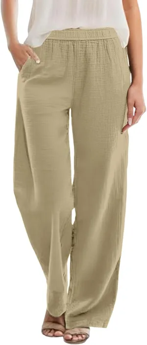 Womens Straight Leg Linen Pants Wide Leg Casual Elastic Waist Palazzo Pant Lounge Beach Summer Trousers with Pockets