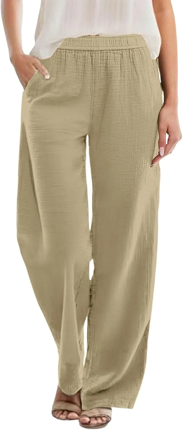 Womens Straight Leg Linen Pants Wide Leg Casual Elastic Waist Palazzo Pant Lounge Beach Summer Trousers with Pockets