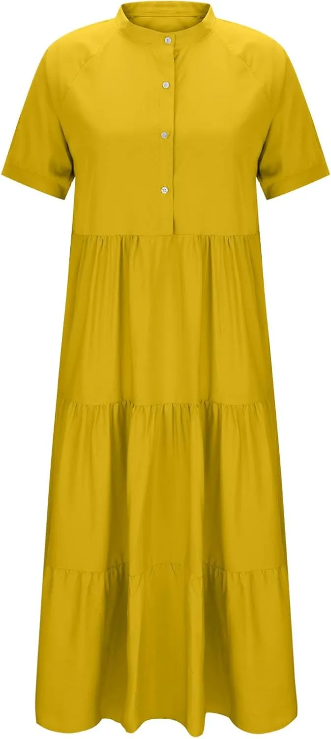 Womens Summer Boho Maxi Dresses 2025 Casual Short Sleeve Button Down Shirts Dress Flowy Tiered Beach Vacation Dress