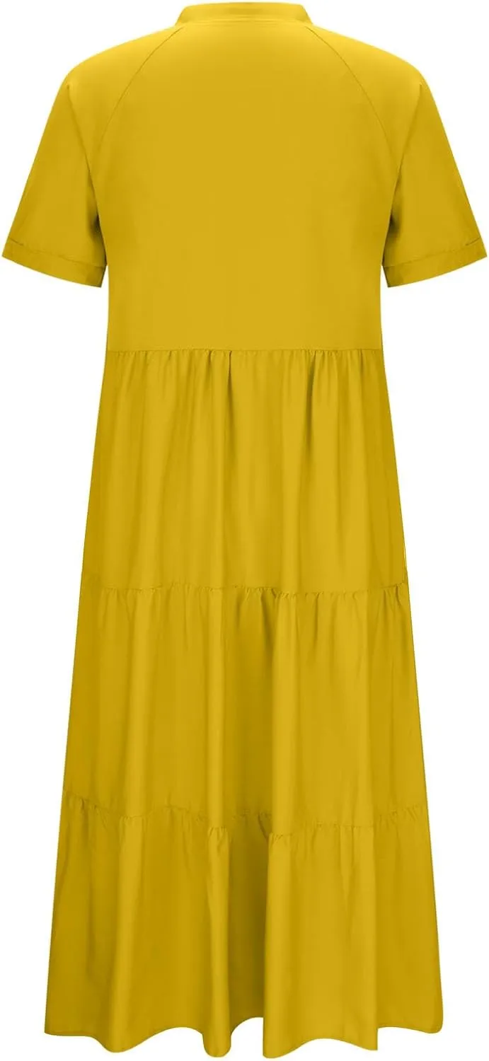 Womens Summer Boho Maxi Dresses 2025 Casual Short Sleeve Button Down Shirts Dress Flowy Tiered Beach Vacation Dress