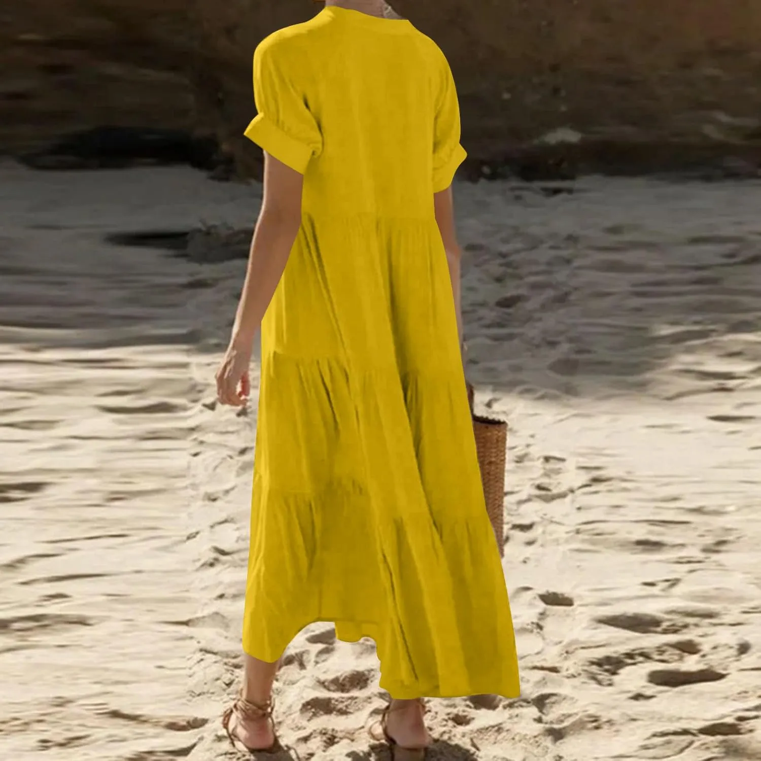 Womens Summer Boho Maxi Dresses 2025 Casual Short Sleeve Button Down Shirts Dress Flowy Tiered Beach Vacation Dress