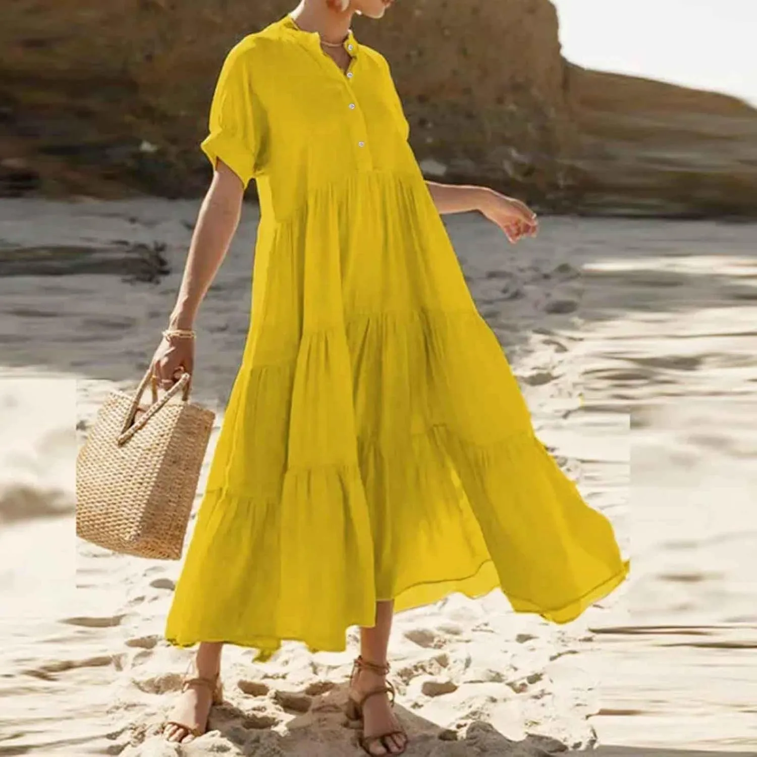 Womens Summer Boho Maxi Dresses 2025 Casual Short Sleeve Button Down Shirts Dress Flowy Tiered Beach Vacation Dress