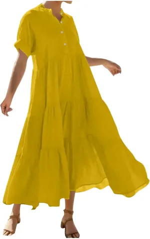 Womens Summer Boho Maxi Dresses 2025 Casual Short Sleeve Button Down Shirts Dress Flowy Tiered Beach Vacation Dress