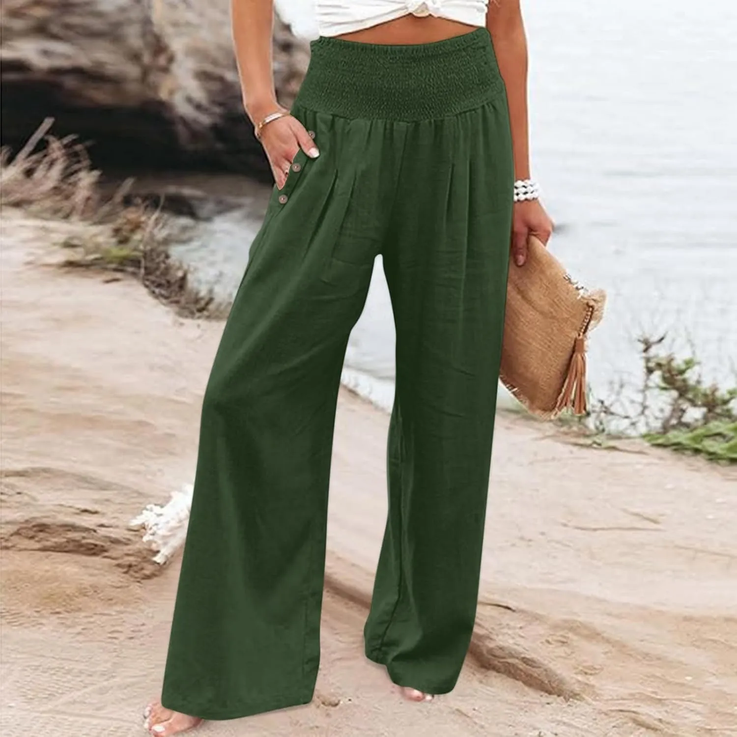 Womens Summer Cotton Linen Palazzo Pants Casual Smocked Waist Wide Leg Pants Loose Beach Lounge Trousers with Pockets