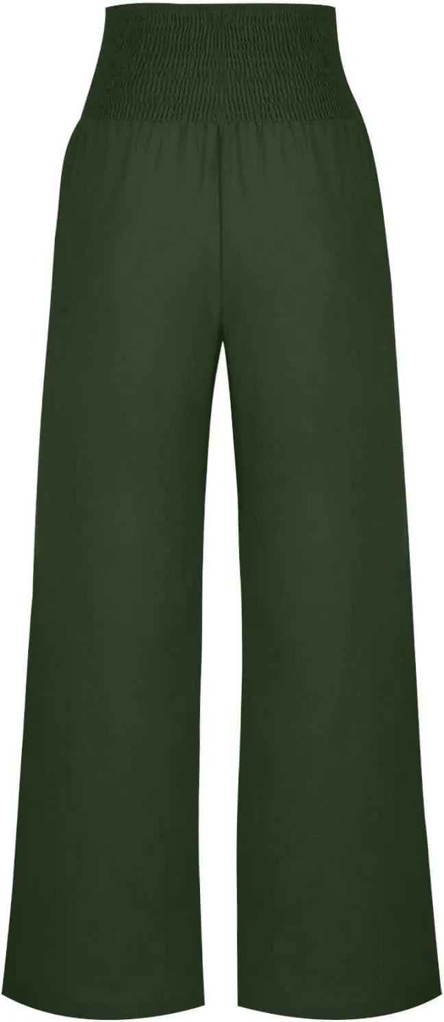 Womens Summer Cotton Linen Palazzo Pants Casual Smocked Waist Wide Leg Pants Loose Beach Lounge Trousers with Pockets