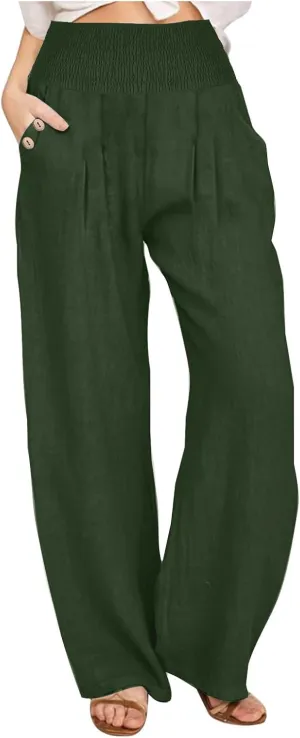 Womens Summer Cotton Linen Palazzo Pants Casual Smocked Waist Wide Leg Pants Loose Beach Lounge Trousers with Pockets