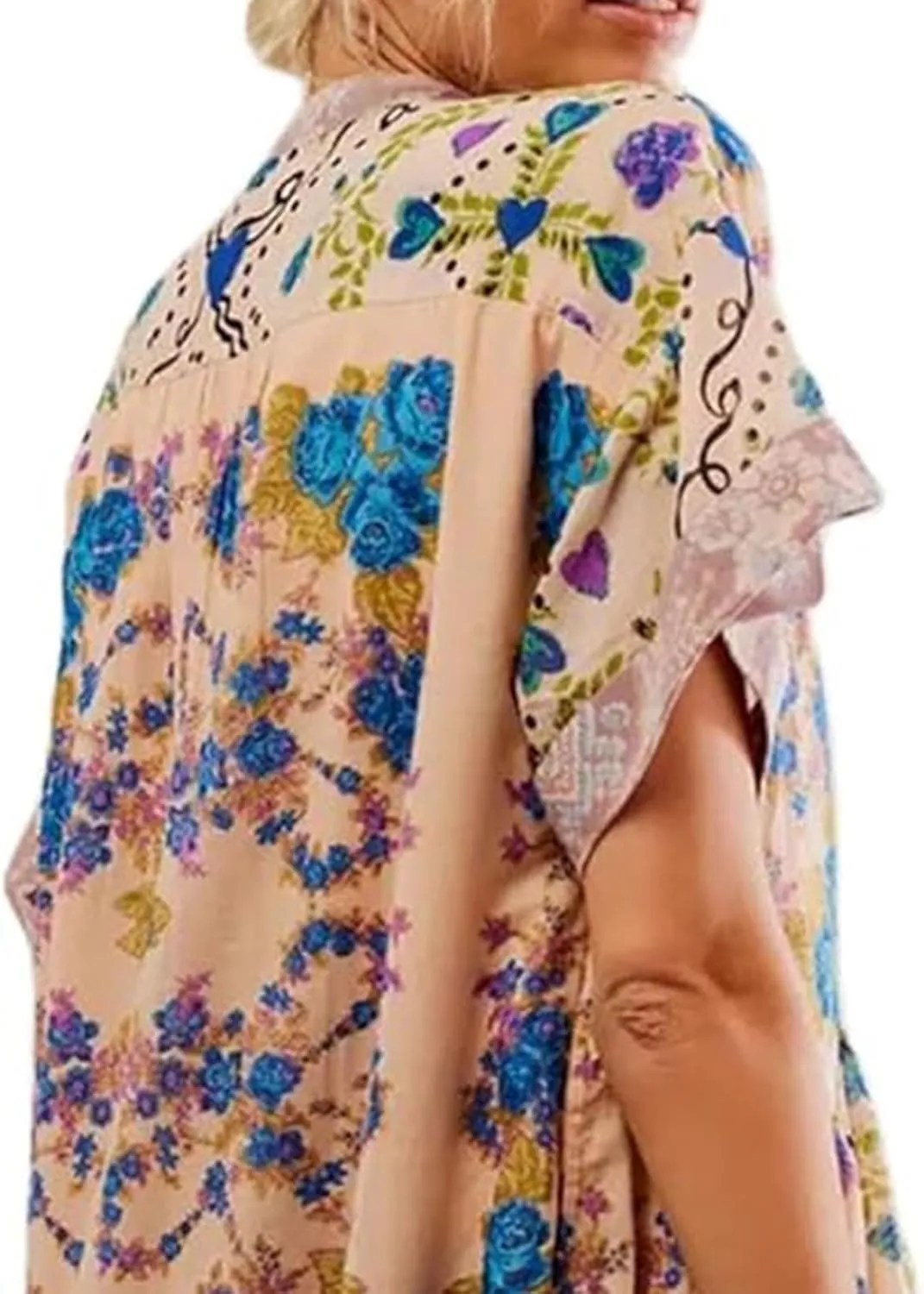 Womens Summer Dress Casual Vintage Floral Boho V Neck Swing Short Sleeve Pleated Ruffle Hem A-Line Beach Mini Dress
