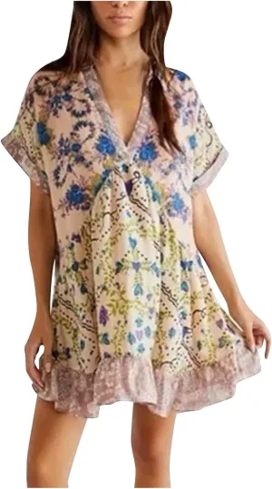 Womens Summer Dress Casual Vintage Floral Boho V Neck Swing Short Sleeve Pleated Ruffle Hem A-Line Beach Mini Dress
