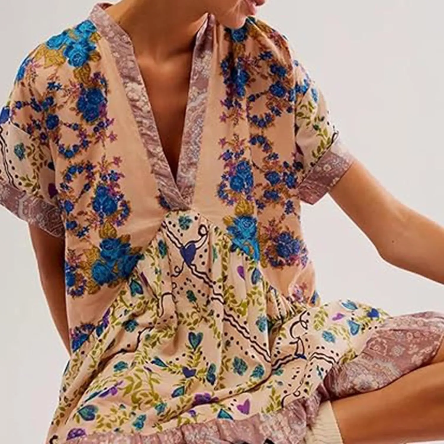 Womens Summer Dress Casual Vintage Floral Boho V Neck Swing Short Sleeve Pleated Ruffle Hem A-Line Beach Mini Dress
