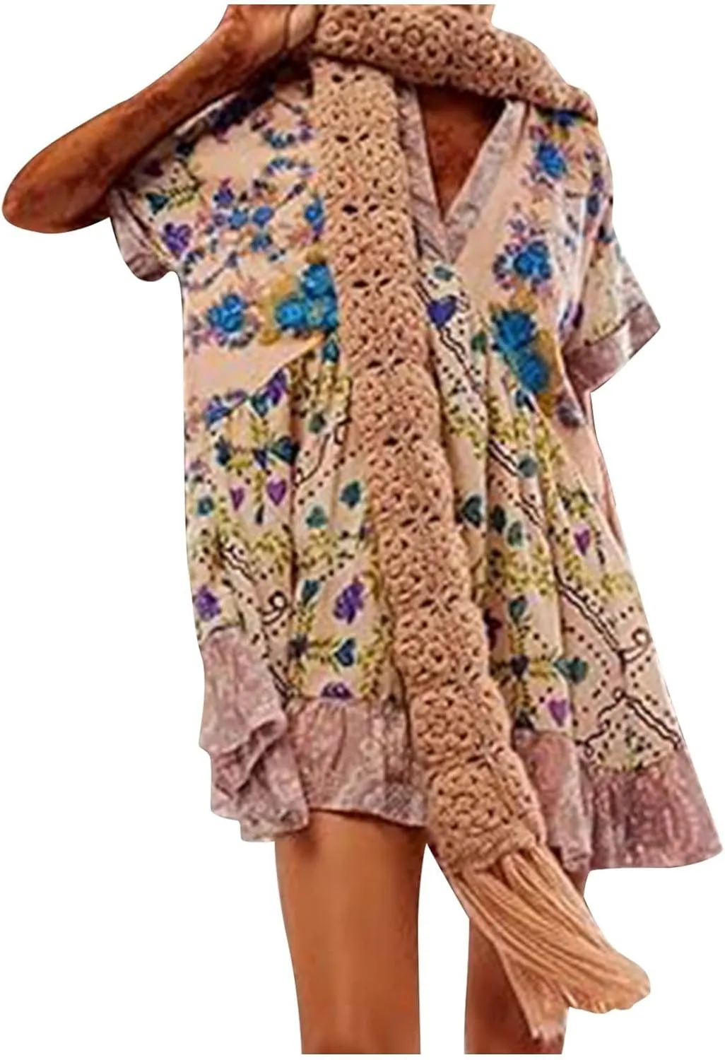 Womens Summer Dress Casual Vintage Floral Boho V Neck Swing Short Sleeve Pleated Ruffle Hem A-Line Beach Mini Dress