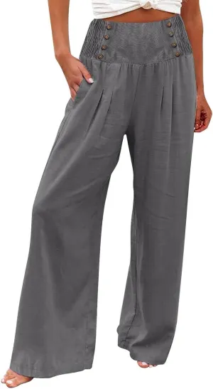 Women's Summer Pants, Drawstring High Waist Linen Palazzo Pants Wide Leg Lounge Pant Trousers with Pockets