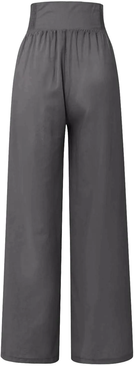 Women's Summer Pants, Drawstring High Waist Linen Palazzo Pants Wide Leg Lounge Pant Trousers with Pockets
