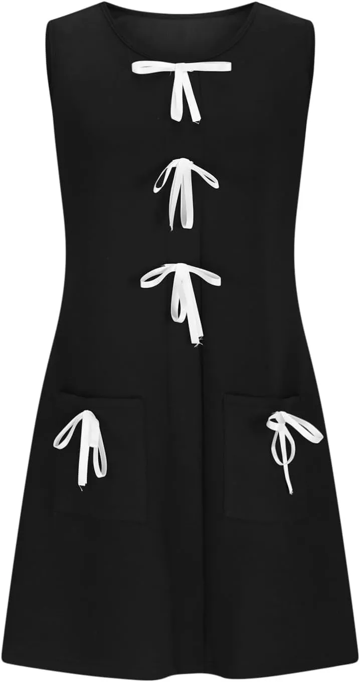 Women's Summer Sleeveless Mini Dress Casual Bow Crewneck Loose Fit A Line Tank Dresses Beach Sundress with Pockets