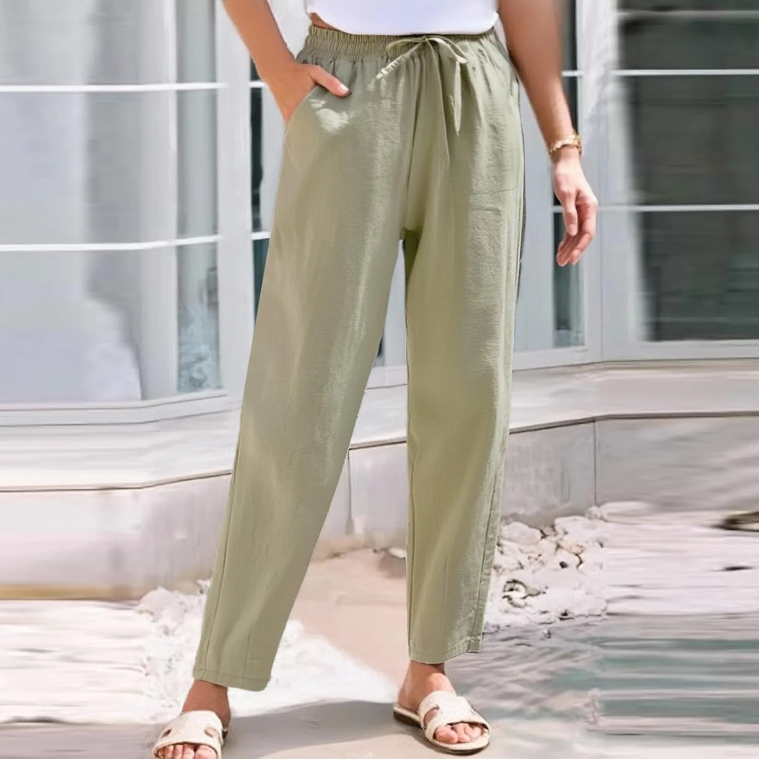 Womens Sweatpants, Peasant Pants Linen Straight Leg Casual Drawstring Cotton Plus Size