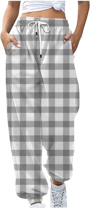 Womens Sweatpants Trendy Plaid Drawstring High Waist Active Workout Trousers Baggy Casaul Joggers Pants with Pockets