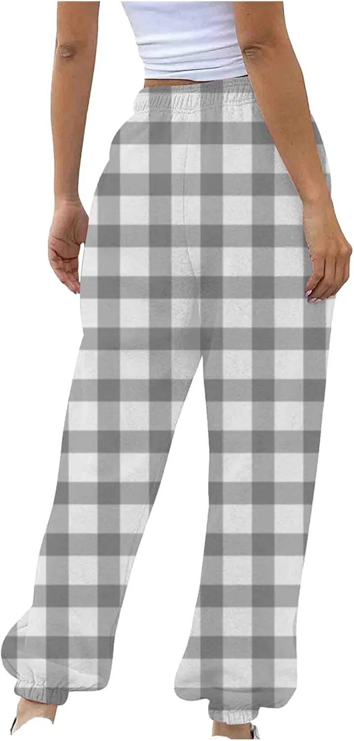 Womens Sweatpants Trendy Plaid Drawstring High Waist Active Workout Trousers Baggy Casaul Joggers Pants with Pockets