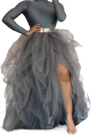 Women's Tulle Maxi Skirt Floor Length Layered High Waist Split Skirt A-Line Puffy Mesh Tutu Skirt for Wedding Party