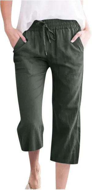 Womens Wide Leg Capris Casual Summer Elastic High Waist Cotton Linen Carpi Pants Loose Comfy Cropped Lounge Trousers