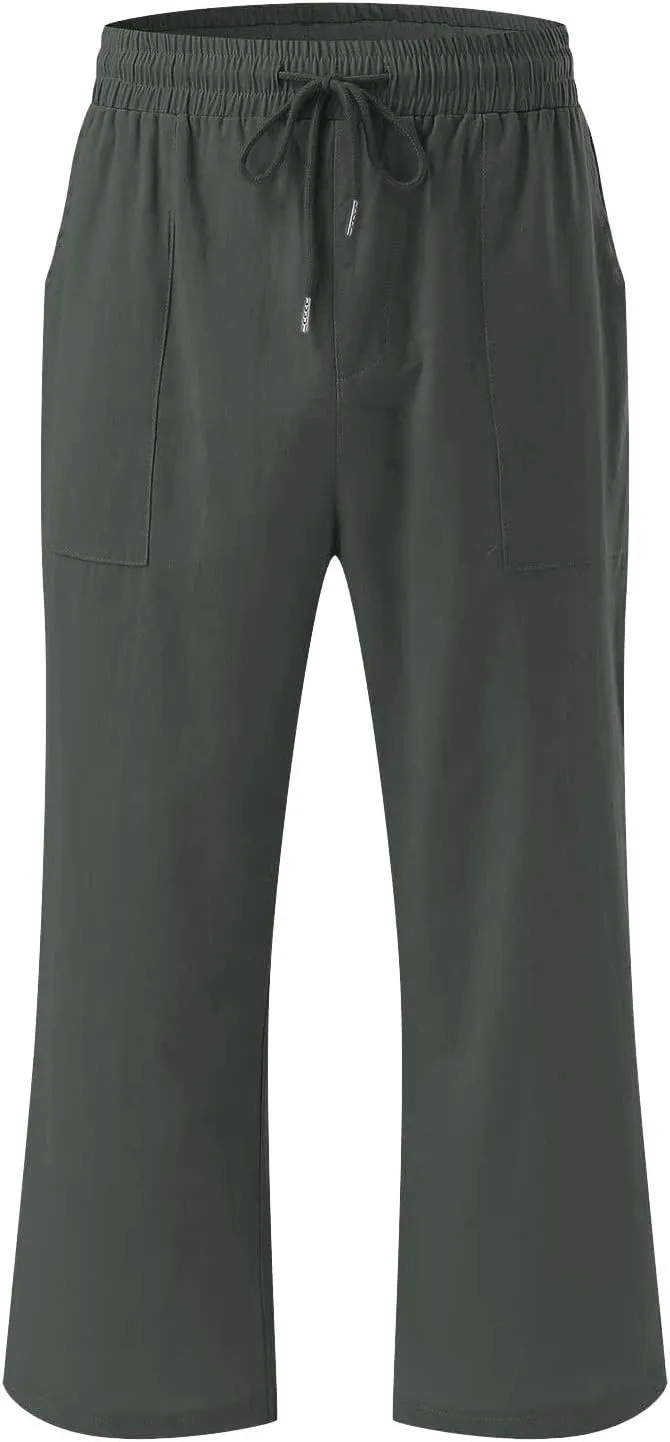Womens Wide Leg Capris Casual Summer Elastic High Waist Cotton Linen Carpi Pants Loose Comfy Cropped Lounge Trousers