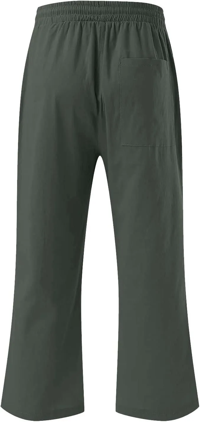 Womens Wide Leg Capris Casual Summer Elastic High Waist Cotton Linen Carpi Pants Loose Comfy Cropped Lounge Trousers