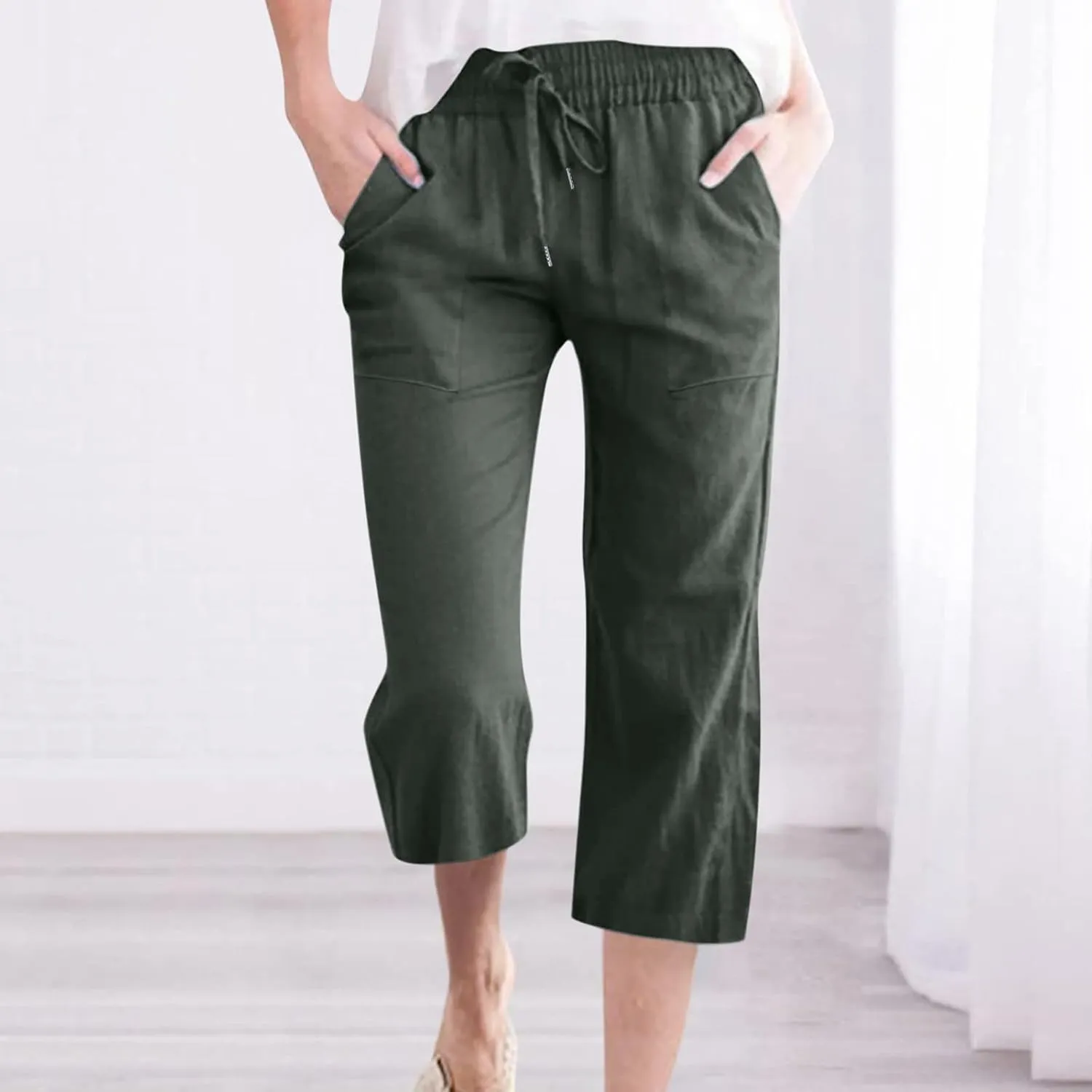 Womens Wide Leg Capris Casual Summer Elastic High Waist Cotton Linen Carpi Pants Loose Comfy Cropped Lounge Trousers
