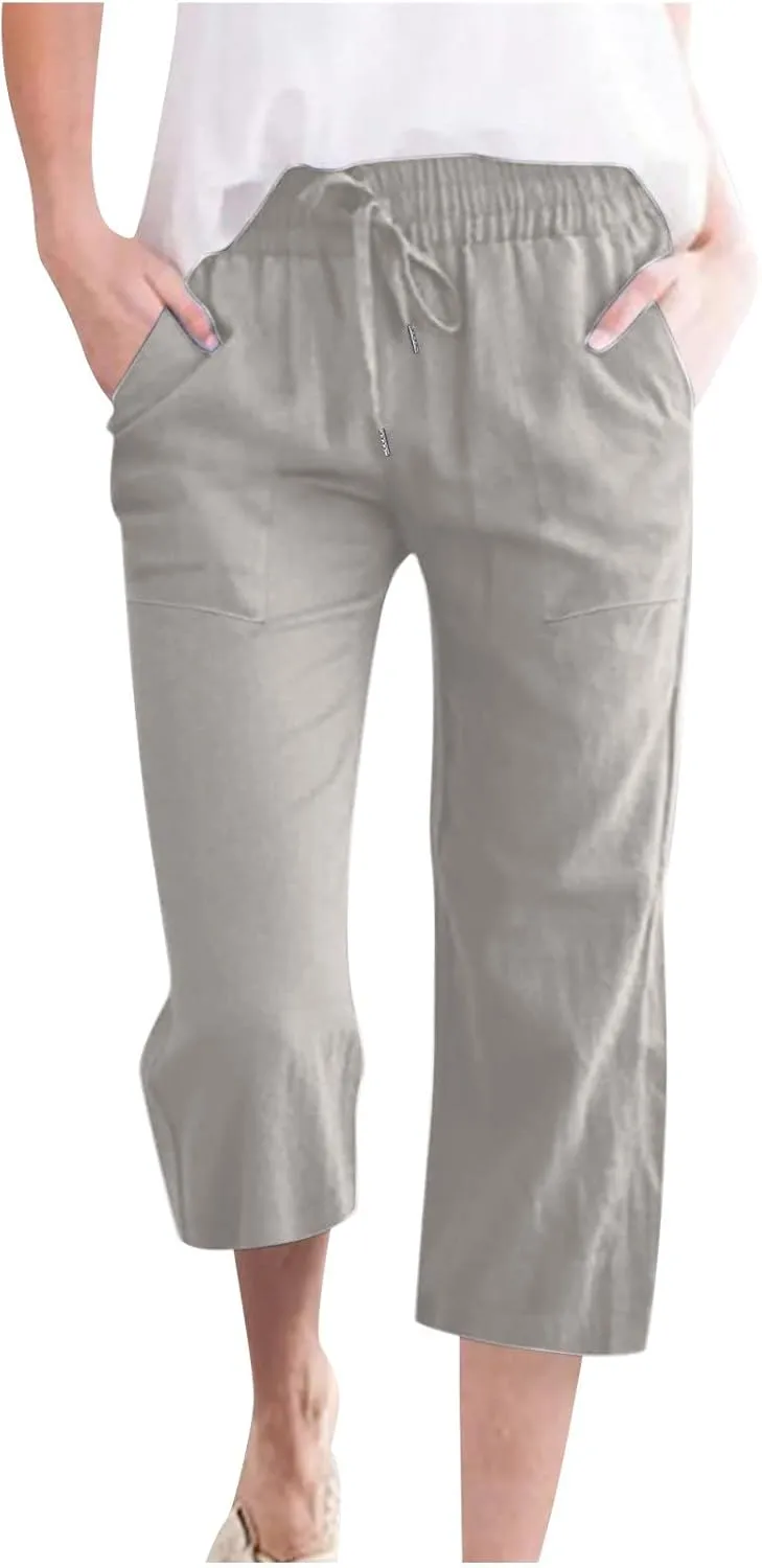 Womens Wide Leg Capris Casual Summer Elastic High Waist Cotton Linen Carpi Pants Loose Comfy Cropped Lounge Trousers