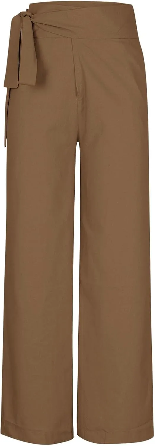 Women's Wide Leg Tie Front Pants 2024 Summer High Waist Business Casual Pants Solid Color Trousers Work Outfits