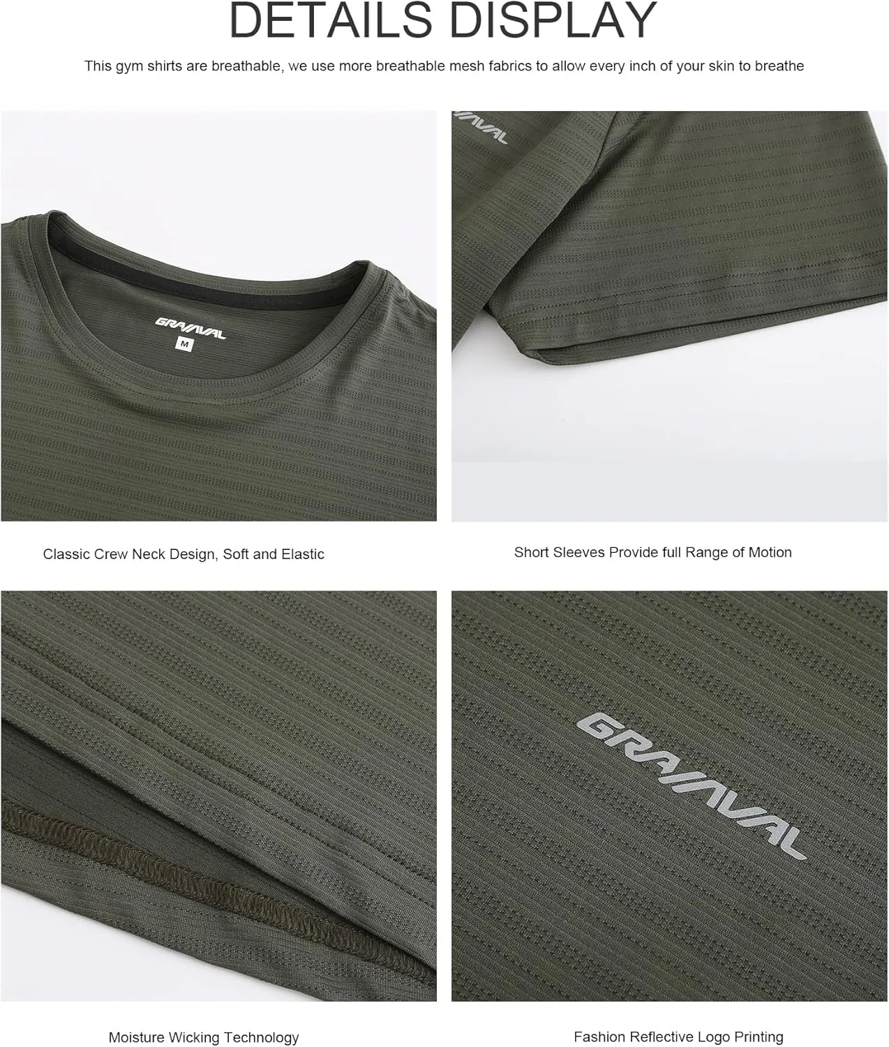 Workout Shirts for Men Crew Neck Short Sleeve Quick Dry Gym Athletic Active T Shirt Moisture Wicking