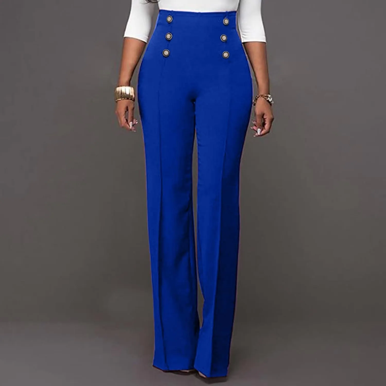 YOLAI Women Casual Wide Leg Pant High Waist Button Down Trousers Solid Color Business Work Trousers