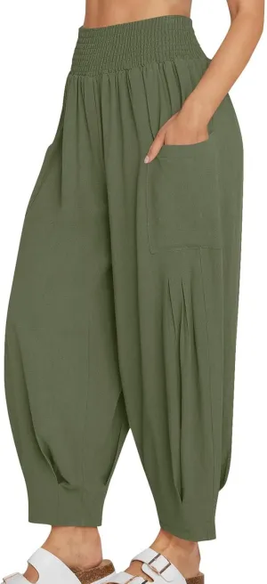 YRAETENM Women Linen Boho Pants Summer Casual Loose High Waist Harem Pants Lounge Trousers Beach Travel Vacation Outfits