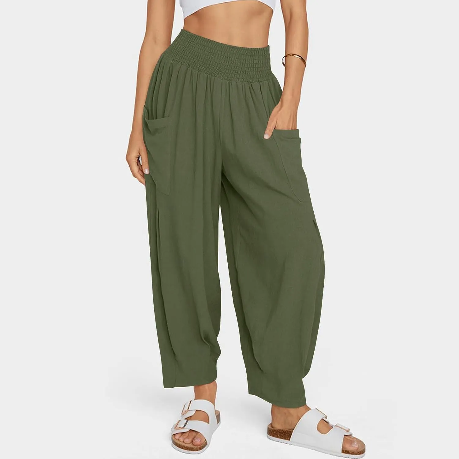 YRAETENM Women Linen Boho Pants Summer Casual Loose High Waist Harem Pants Lounge Trousers Beach Travel Vacation Outfits