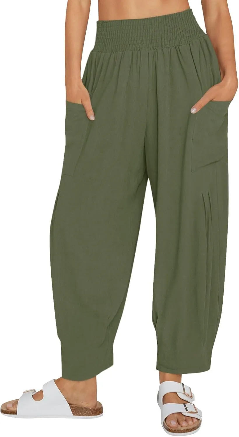 YRAETENM Women Linen Boho Pants Summer Casual Loose High Waist Harem Pants Lounge Trousers Beach Travel Vacation Outfits