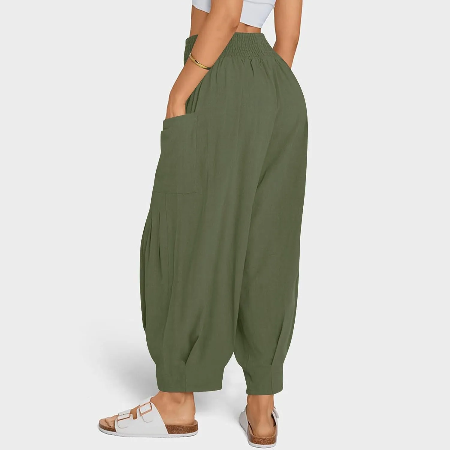 YRAETENM Women Linen Boho Pants Summer Casual Loose High Waist Harem Pants Lounge Trousers Beach Travel Vacation Outfits