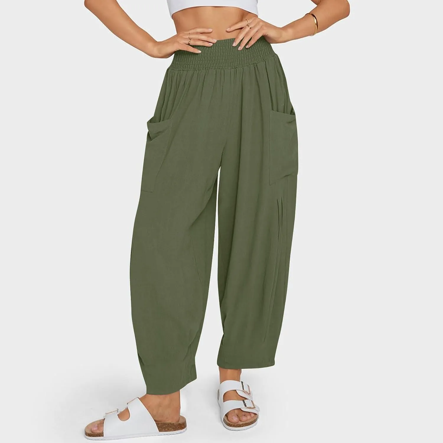YRAETENM Women Linen Boho Pants Summer Casual Loose High Waist Harem Pants Lounge Trousers Beach Travel Vacation Outfits