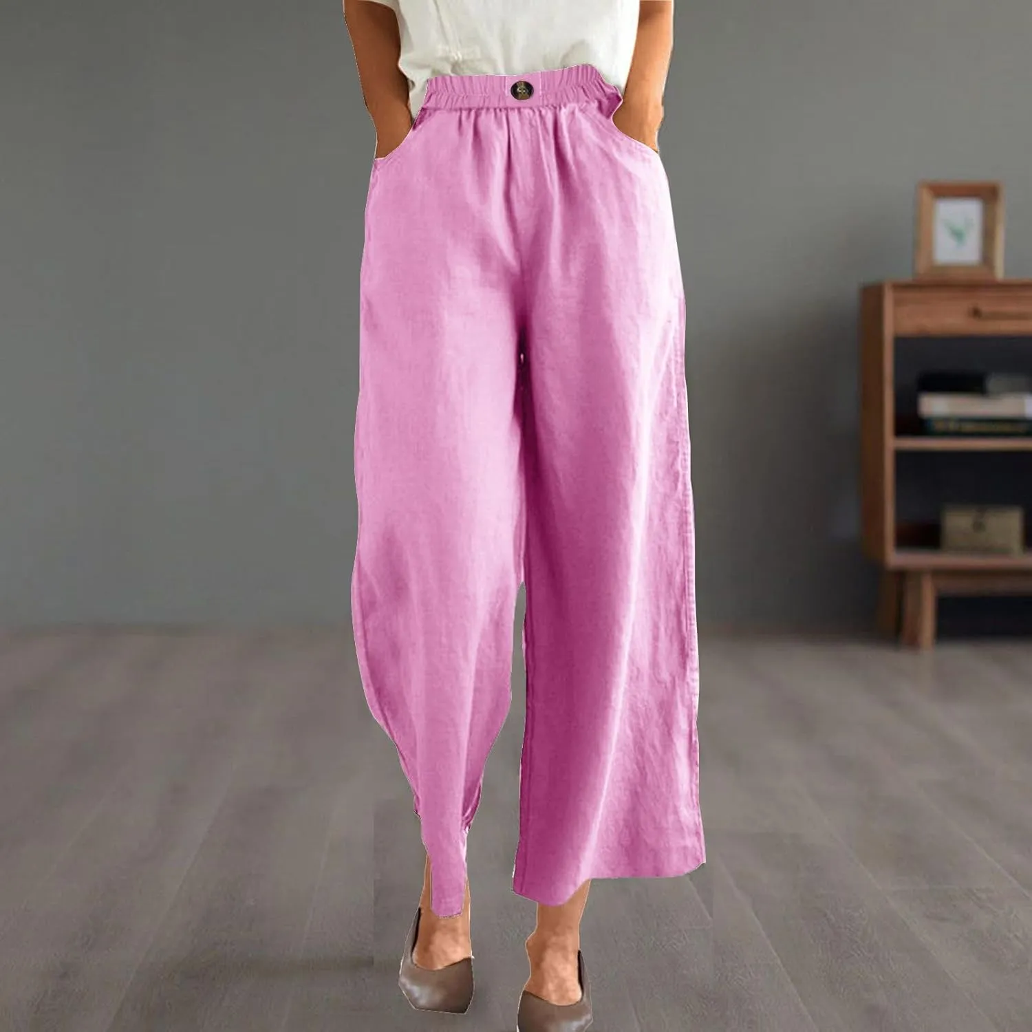 YRAETENM Womens Linen Pants High Waisted Lounge Pants Casual Wide Leg Pants Plus Size Baggy Slacks Trousers with Pockets