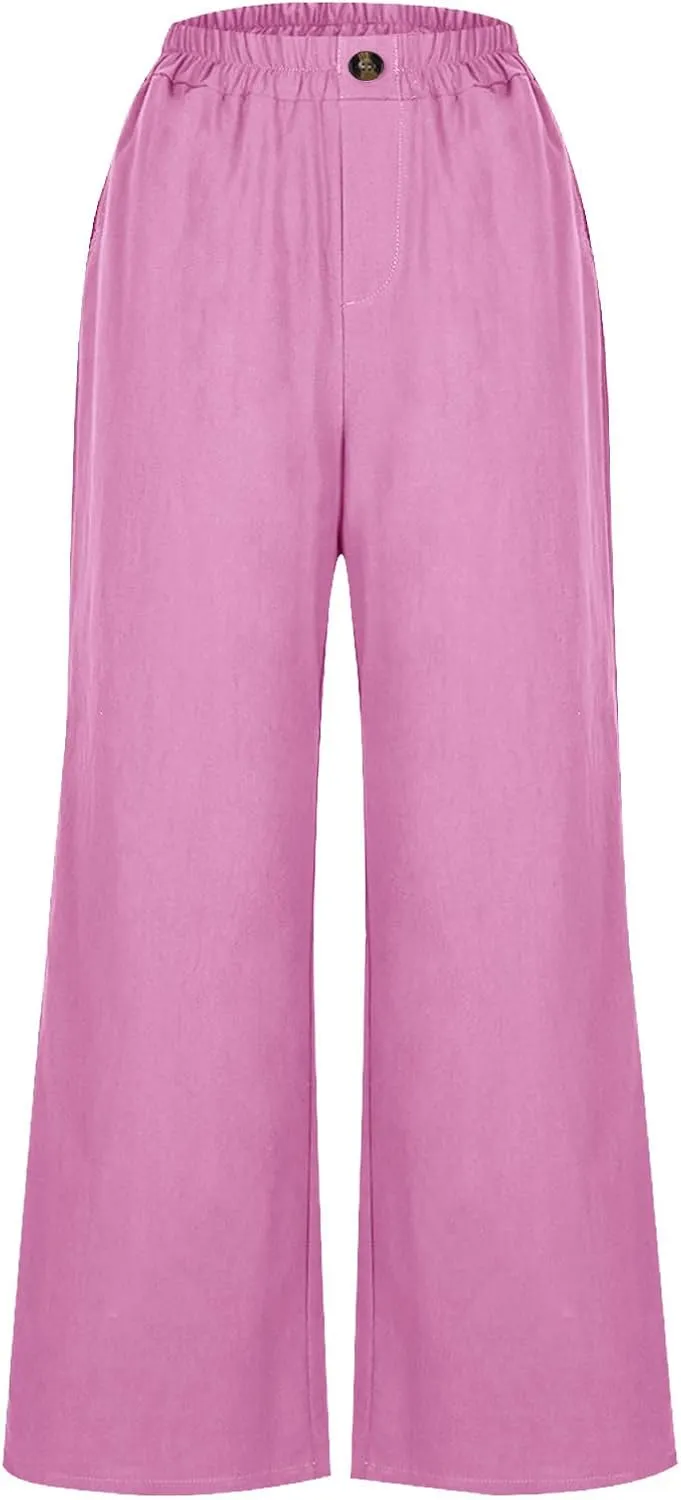 YRAETENM Womens Linen Pants High Waisted Lounge Pants Casual Wide Leg Pants Plus Size Baggy Slacks Trousers with Pockets