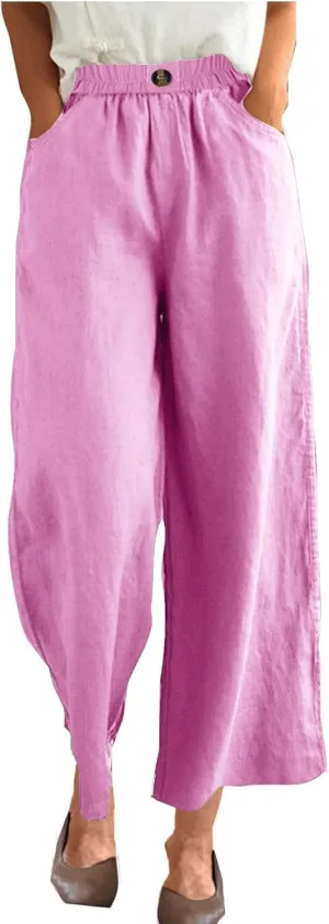 YRAETENM Womens Linen Pants High Waisted Lounge Pants Casual Wide Leg Pants Plus Size Baggy Slacks Trousers with Pockets