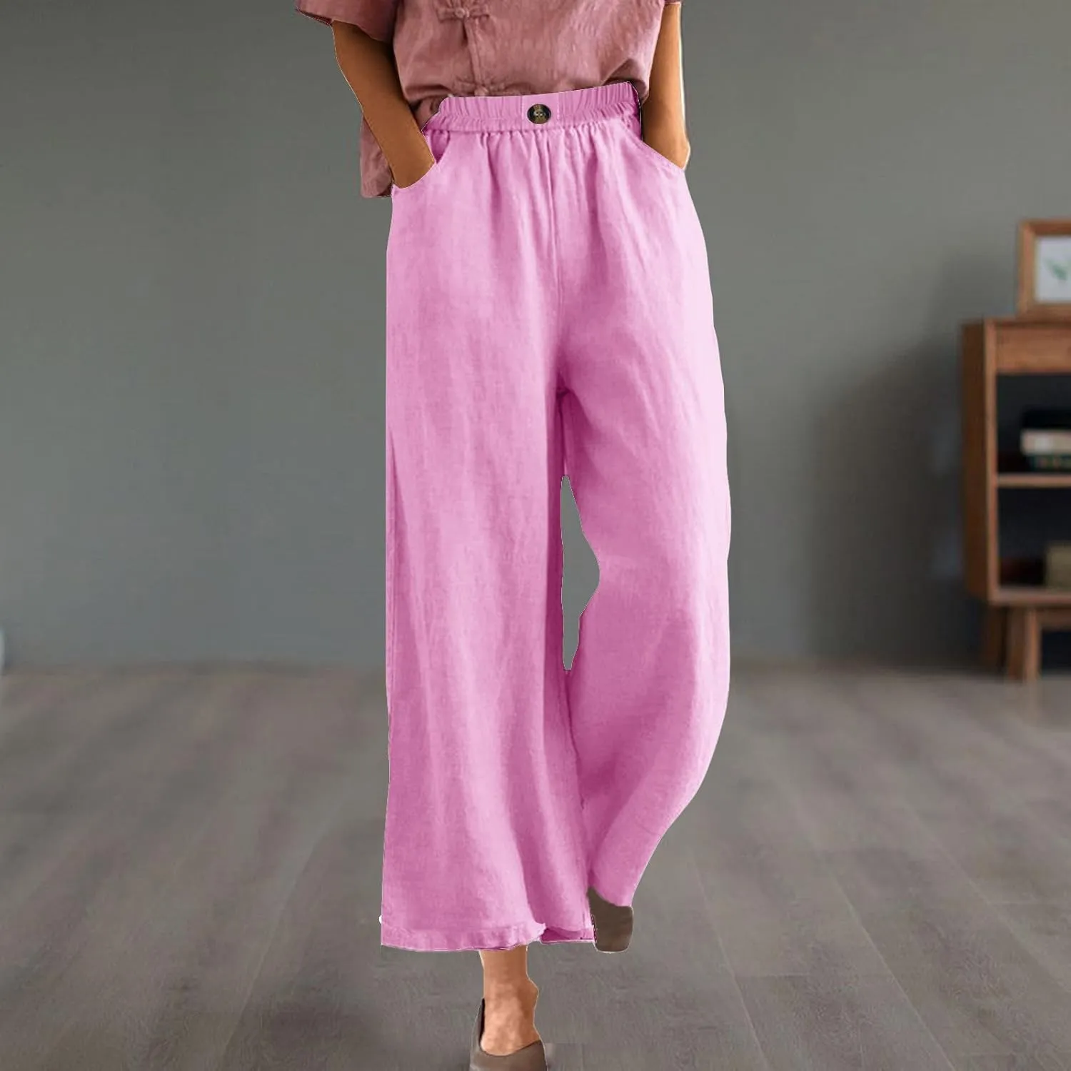 YRAETENM Womens Linen Pants High Waisted Lounge Pants Casual Wide Leg Pants Plus Size Baggy Slacks Trousers with Pockets