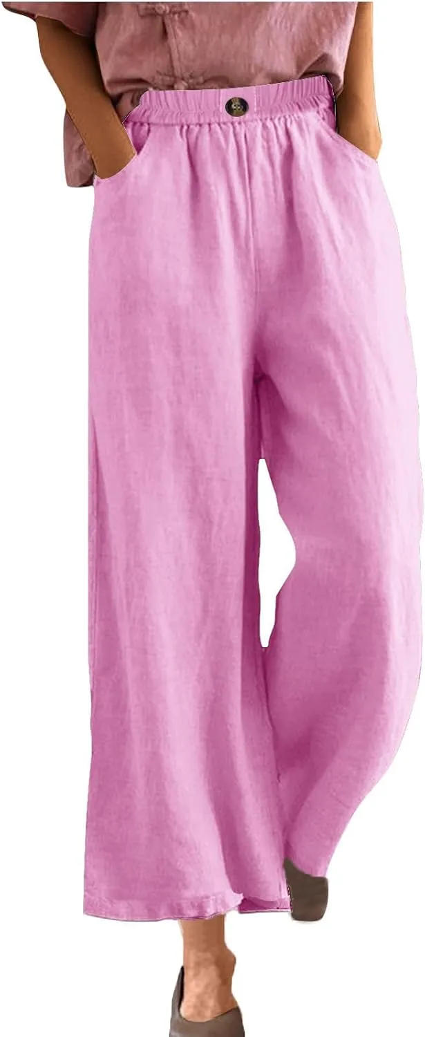 YRAETENM Womens Linen Pants High Waisted Lounge Pants Casual Wide Leg Pants Plus Size Baggy Slacks Trousers with Pockets