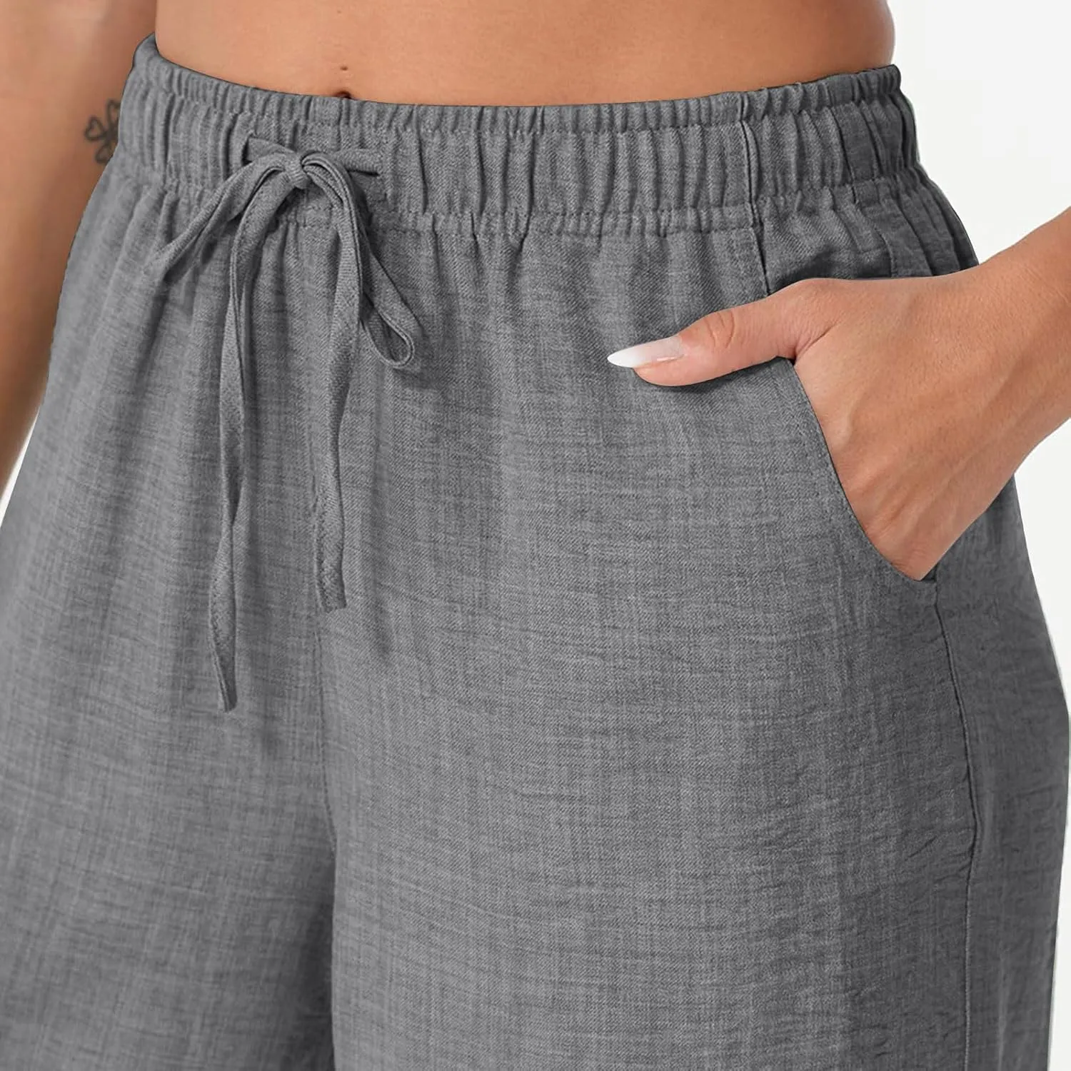 YRAETENM Women's Linen Pants Summer Drawstring High Waisted Solid Beach Pants Casual Wide Leg Lounge Trousers with Pockets