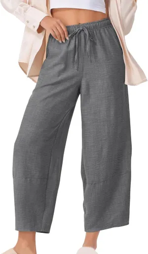 YRAETENM Women's Linen Pants Summer Drawstring High Waisted Solid Beach Pants Casual Wide Leg Lounge Trousers with Pockets