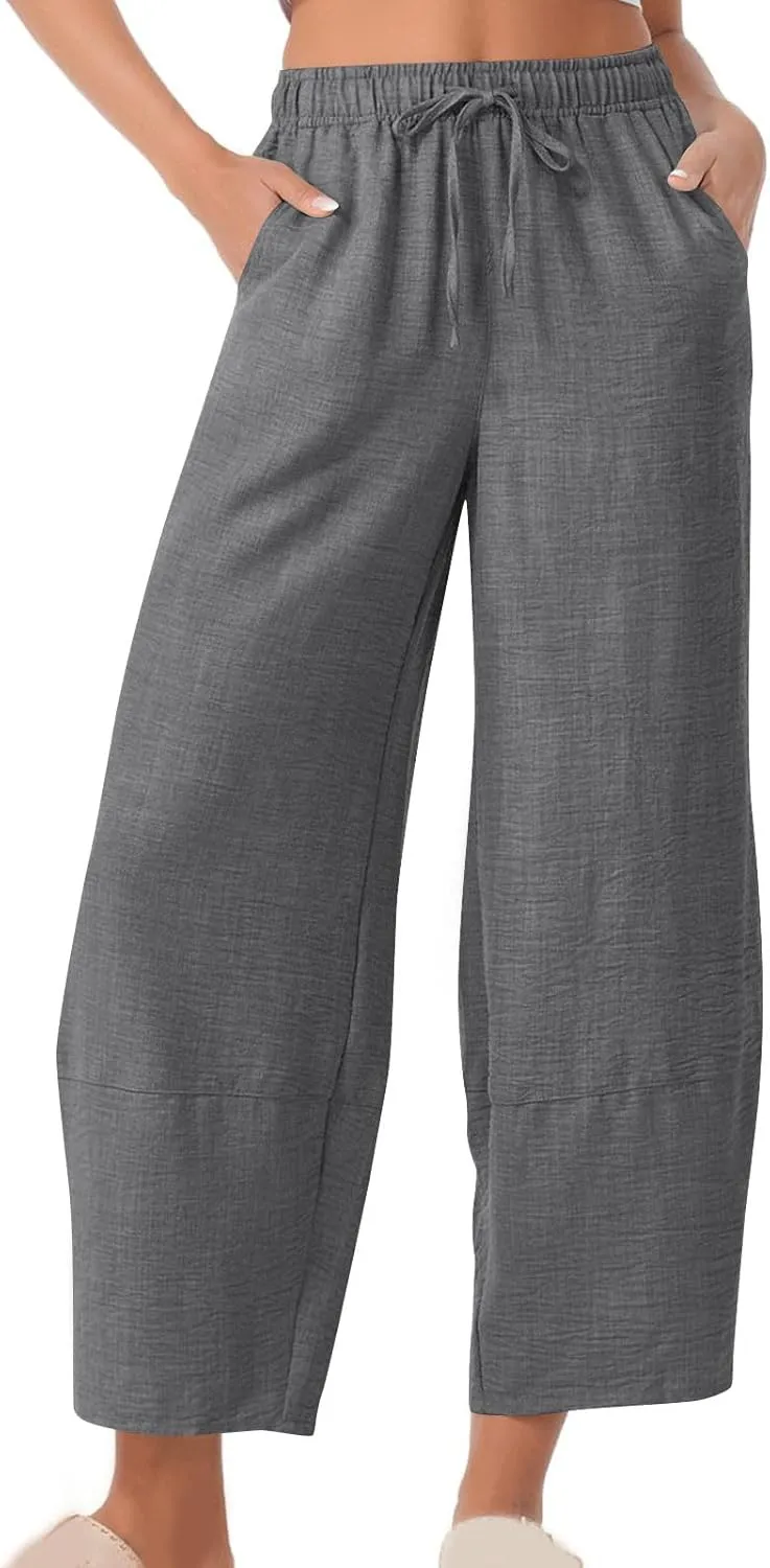 YRAETENM Women's Linen Pants Summer Drawstring High Waisted Solid Beach Pants Casual Wide Leg Lounge Trousers with Pockets
