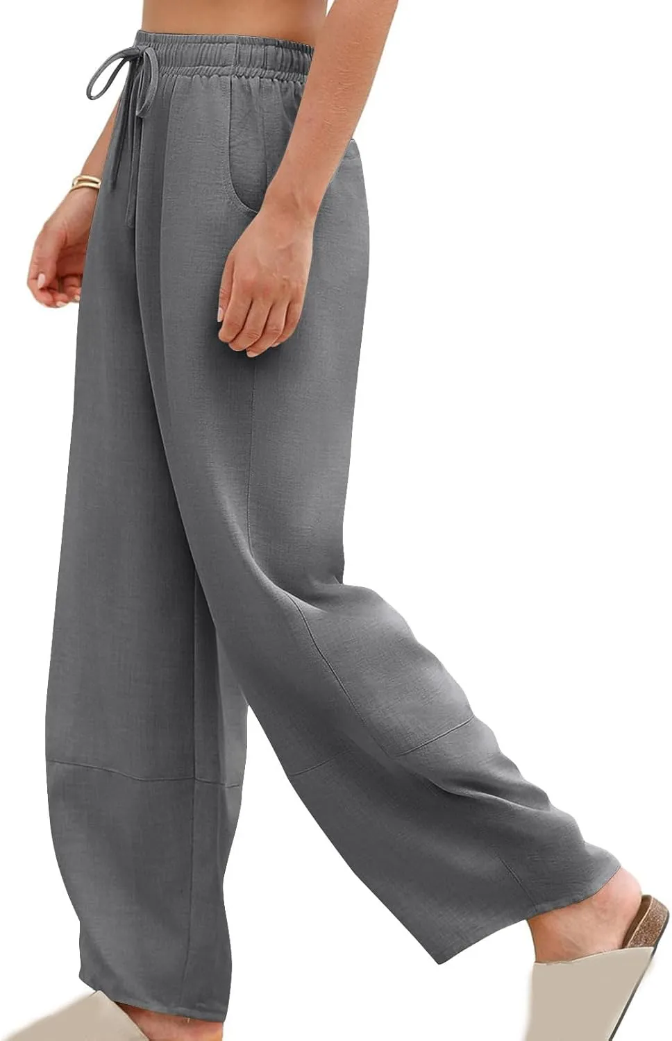 YRAETENM Women's Linen Pants Summer Drawstring High Waisted Solid Beach Pants Casual Wide Leg Lounge Trousers with Pockets