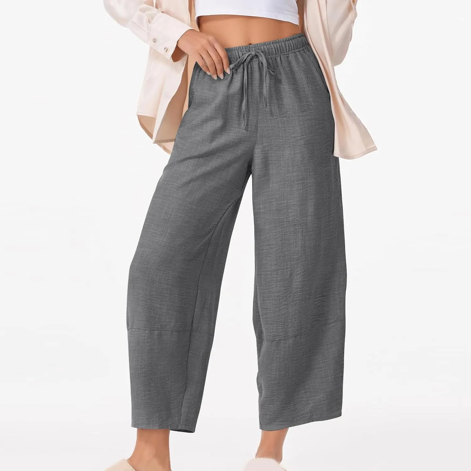 YRAETENM Women's Linen Pants Summer Drawstring High Waisted Solid Beach Pants Casual Wide Leg Lounge Trousers with Pockets
