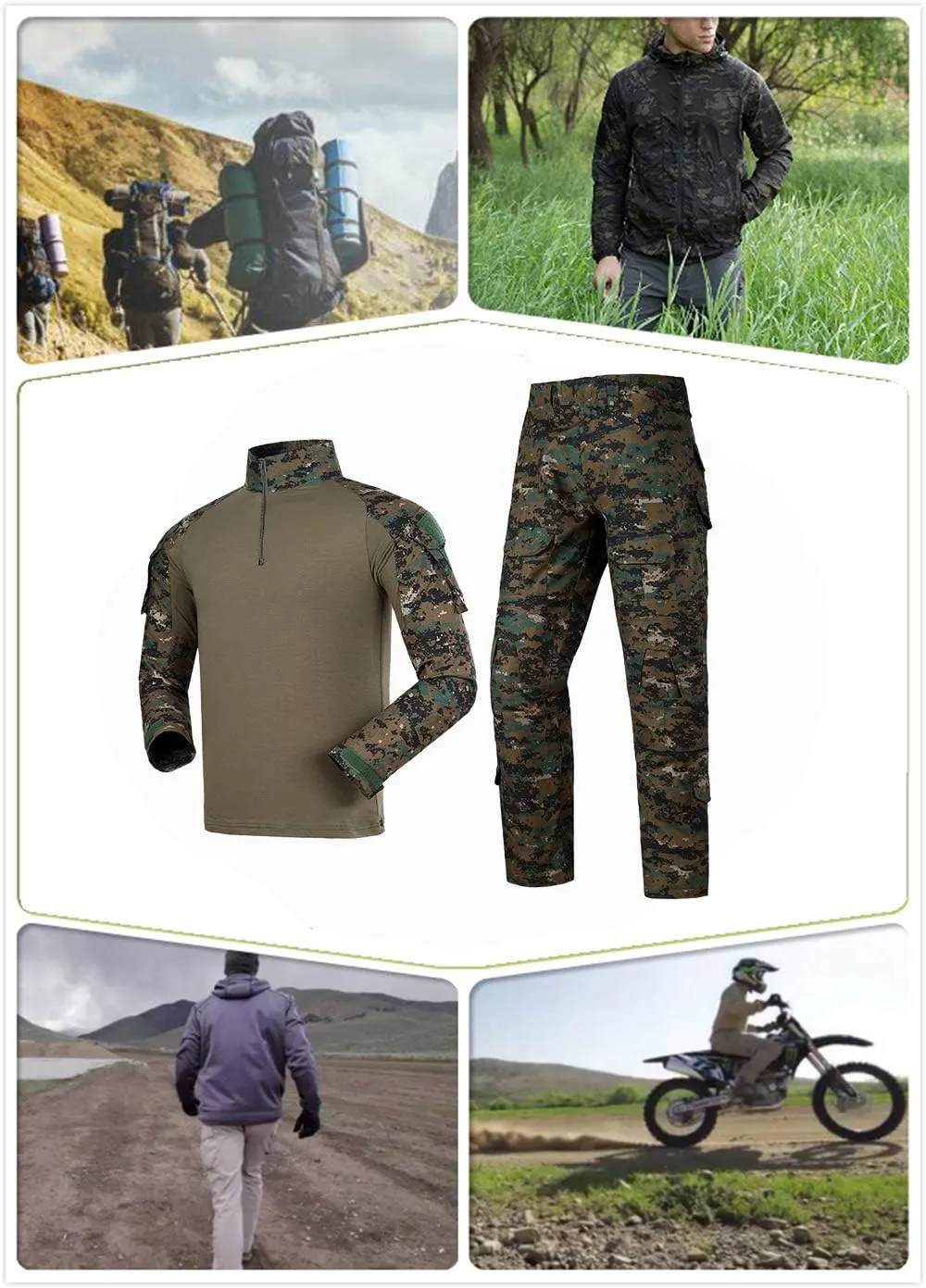 YUSHOW Mens Tactical Military Uniform Set Camouflage Tactical Shirt Pants Gear Suit